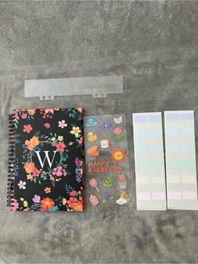Floral Monogram W Spiral Notebook with Sticker Sheet and Pastel Tabs